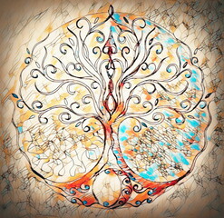 Poster - tree of life symbol on structured ornamental background, yggdrasil.