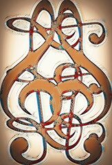 Poster - abstract graphic of music clef pattern with black and white chess style design.