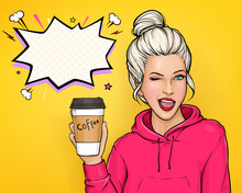 Pop Art Vector Ad Banner With Winking Young Blonde Hair Woman In Pink Hoody Holding Paper Coffee Cup With Plastic Lid Illustration On Yellow Background. Take Away Drink Concept. Coffee Shop Poster.