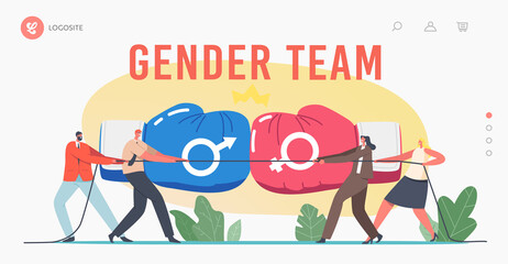 Wall Mural - Gender Team Rivalry, Office Superheroes Fight Landing Page Template. Male and Female Business Characters Tug of War