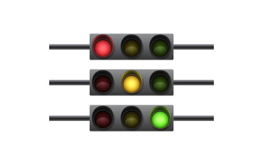 Set of horizontal traffic lights with yellow, red and green lamps glowing for road traffic regulation