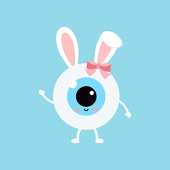 Sticker - Easter cute eye ball with bunny ears icon. Ophthalmology eyeball girl character with face and easter  bunny rabbit ears costume with bow. Flat design cartoon style vector vision clip art illustration.