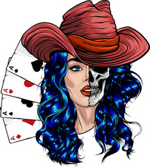 Sticker - Attractive skull Cowgirl With with poker ace