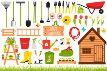 A Large Collection Of Garden Tools, Tools, Wooden Accessories, Plants, Insects. Gardening, Growing Plants. Design Elements In A Cartoon Flat Style. Color Vector Illustrations Isolated On White
