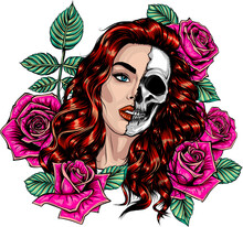 Illustration Head Skull Girl With Roses Around