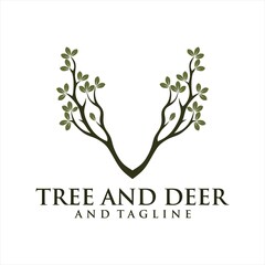 Deer Tree Leaves Forest Logo Vector icon.