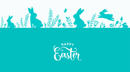 Poster - Easter border design vector illustration. Holiday pattern with blue bunnies, flowers, plants, butterfly silhouettes isolated on white background. Text greeting sign. Simple flat style