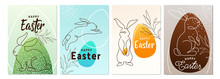 Happy Easter Greeting Poster Set Background. Line Style Bunny With Egg And Greeting Text Sign In Simple Whimsical Memphis Modern Flat Style
