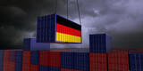 Fototapeta Dmuchawce - A freight container with the german flag hangs in front of many blue and red stacked freight containers - concept trade - import and export - 3d illustration