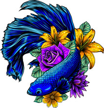 Fish Betta Splendens With Flowers Vector Illustration