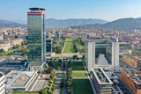 Fototapeta Londyn - Brescia Due - Italy view by Drone.
Skyline business quarter in Italy, the future is here.
Modern styling in the city, office work.
Wallpaper for your house