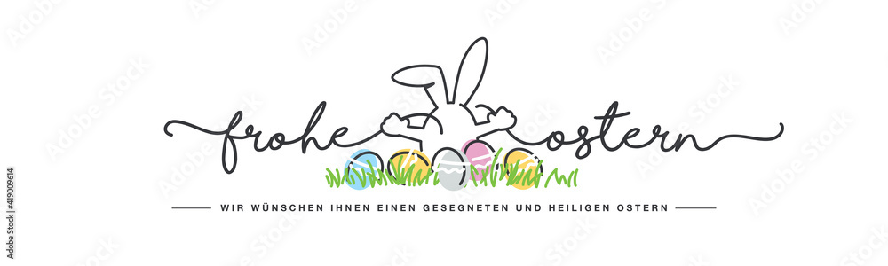 Happy Easter we wish you a holy and blessed Easter German language handwritten line design typography bunny connects Happy and Easter lettering white greeting card background with colorful eggs in gra - obrazy, fototapety, plakaty 