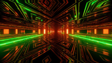 Wall Mural - 3D rendering futuristic sci-fi background with neon lights and reflective tunnel motion patterns