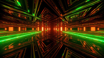 Wall Mural - 3D rendering futuristic sci-fi background with neon lights and reflective tunnel motion patterns