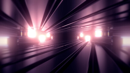Wall Mural - 3D rendering futuristic sci-fi background with neon lights and reflective tunnel motion patterns
