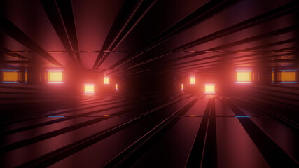 Wall Mural - 3D rendering futuristic sci-fi background with neon lights and reflective tunnel motion patterns