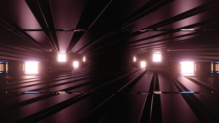Wall Mural - 3D rendering futuristic sci-fi background with neon lights and reflective tunnel motion patterns