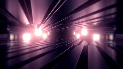 Wall Mural - 3D rendering futuristic sci-fi background with neon lights and reflective tunnel motion patterns