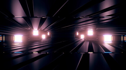 Wall Mural - 3D rendering futuristic sci-fi background with neon lights and reflective tunnel motion patterns