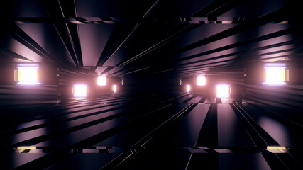Wall Mural - 3D rendering futuristic sci-fi background with neon lights and reflective tunnel motion patterns