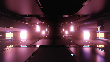 Wall Mural - 3D rendering futuristic sci-fi background with neon lights and reflective tunnel motion patterns