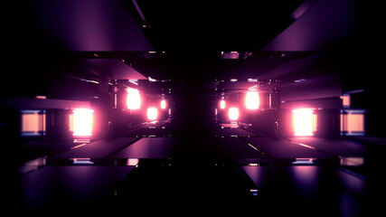 Wall Mural - 3D rendering futuristic sci-fi background with neon lights and reflective tunnel motion patterns