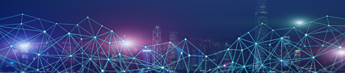 Wall Mural - network on city skyline at night. connecting technology concept. blue lines web