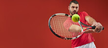 Website Header Of Seriously Strong Athlete Male In Red Shirt Playing Tennis Isolated On Red Background