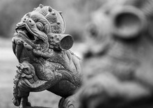 Foo Dog Gaurdian Lion Statue In A Cemetery Black And White