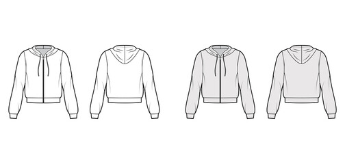 Sticker - Zip-up Hoody sweatshirt technical fashion illustration with long sleeves, relax body, banded hem, cuff, drawstring. Flat template front, back, white, grey color style. Women, men, unisex CAD mockup