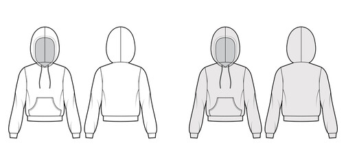 Sticker - Hoody sweatshirt technical fashion illustration with long sleeves, relax body, kangaroo pouch, banded hem, drawstring. Flat apparel template front, back, white, grey color. Women, unisex CAD mockup