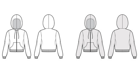 Wall Mural - Zip-up Hoody sweatshirt technical fashion illustration with long sleeves, relax body, kangaroo pouch, knit rib cuff, banded hem. Flat template front, back, white, grey color. Women, men CAD mockup