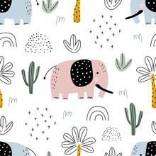 Seamless Safari Pattern With Elephant, Cactus And Palm Trees On White Background. Vector Illustration For Printing On Packaging Paper, Fabric, Postcard, Clothing. Cute Children's Background