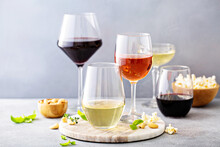 Red, White Wine And Rose In Different Glasses, Variety Of Wine