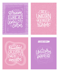 Wall Mural - Set with funny hand drawn lettering quotes about unicorn. Cool phrases for print and poster design. Inspirational kids slogans. Greeting card template. Vector