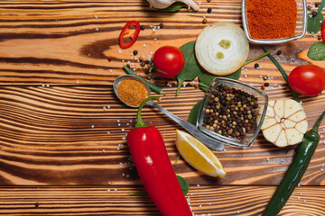 Wall Mural - Cooking table. Background with spices and vegetables. Top view. Free space for your text.