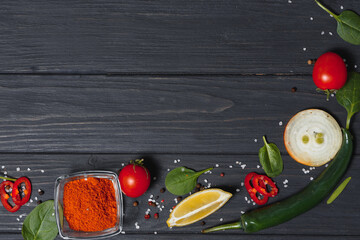 Wall Mural - Cooking table. Background with spices and vegetables. Top view. Free space for your text.