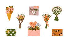 Floral Happy Women's Day March 8 Spring Holiday Ice Cone, Bouquet, Bunch Of Daisy, Wild Garden Blooming Flowers, Envelope, Wedding Gift, Plants Stems And Leaves Cute Cards Posters Element Illustration
