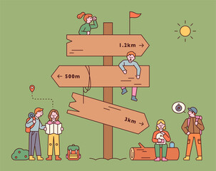 Wall Mural - A huge milestone with backpackers. People are finding their way around the signpost and taking a break. flat design style minimal vector illustration.