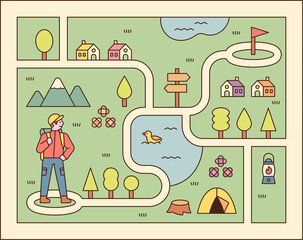 Wall Mural - Directions game illustration. A man is standing on the map and looking for his target point. flat design style minimal vector illustration.