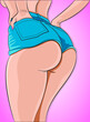 Sexy young girl with beautiful ass, in denim shorts, on a pink background. Picture in the style of pin up. Vector illustrations.