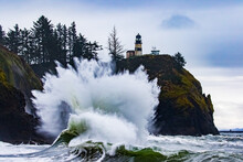 Large Wave Crashes Onshore At Cape Disappointment Lighthouse