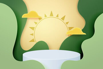 Aufkleber - 3d Paper cut abstract template background.White podium on green wavy geometrics shape with clouds and sun.