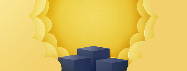 Aufkleber - Podium in abstract minimal scene with geometric shape of yellow clouds,product presentation background.3d paper cut vector illustration.