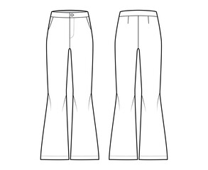 Wall Mural - Pants bell-bottom technical fashion illustration with normal waist, high rise, slant pockets, wide legs. Flat bottom trousers apparel template front, back, white color. Women, men, unisex CAD mockup