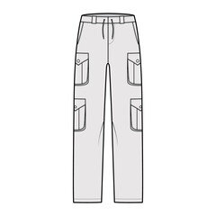 Wall Mural - Set of cargo pants technical fashion illustration with low waist, rise, pockets, belt loops, full lengths. Flat bottom apparel template front, grey color style. Women, men, unisex CAD mockup