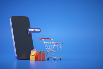 Wall Mural - online shopping concept. mobile phone or smartphone with cart and boxes and bag. 3d
