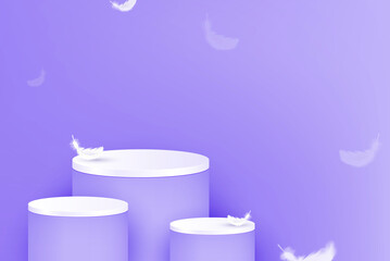 3D stage podium mockup with feathers on purple color background for cosmetic and product placement, vector illustration