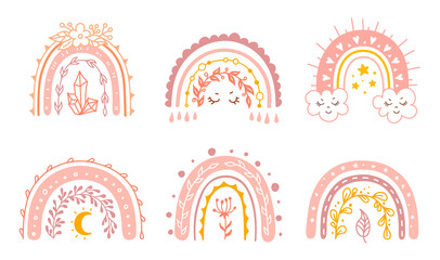 Wall Mural - Cute rainbow set for baby girl. Kids prinr for nursery. Vector childish abstract elements. Pink scandinavian rainbow isolated on white background.