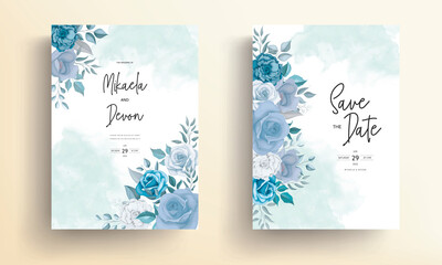 Wall Mural - Modern wedding invitation card with blue flowers 